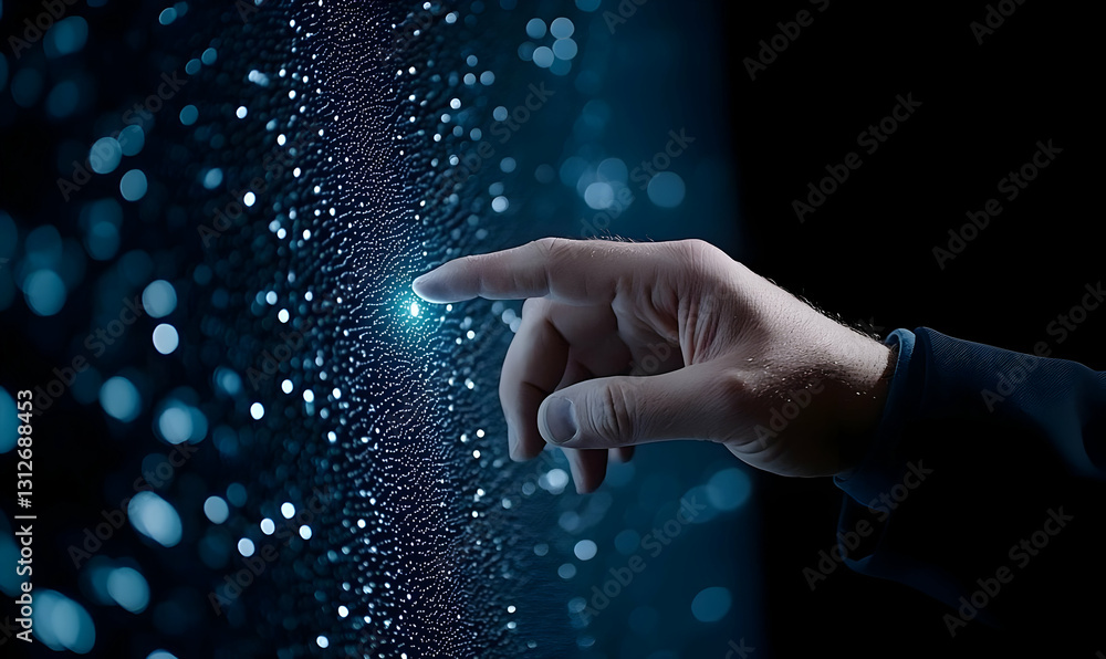 Poster person touching glowing light in dark background with bokeh effect