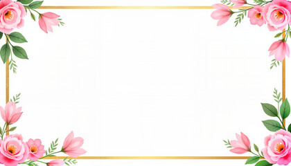 Obraz premium Elegant gold floral frame with pink roses and tulips for a luxury wedding invitation background or promotional banner