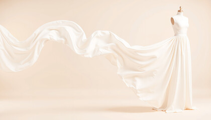 Elegant wedding dress on mannequin with flowing fabric for luxury bridal fashion and wedding expo promotional branding