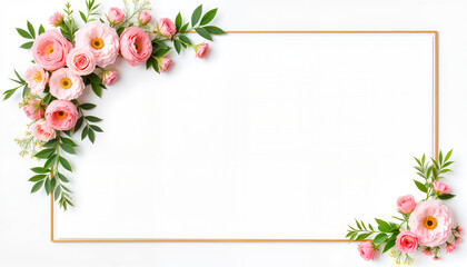 Romantic floral wedding background with pink roses, greenery, and gold frame for elegant invitation templates and wedding branding