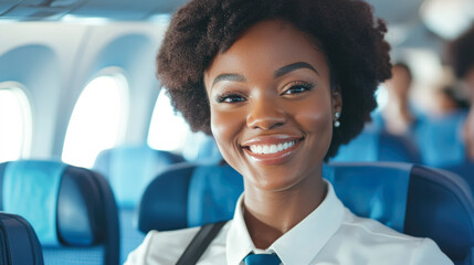 Smiling african female flight attendant in airplane cabin