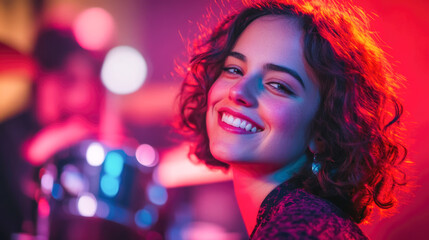 Smiling young caucasian female at vibrant nightclub with colorful lights