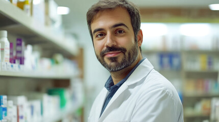 Fototapeta premium Caucasian male pharmacist smiling in pharmacy aisle surrounded by medicine shelves