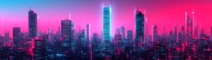 Fototapeta premium A cyberpunk warzone, abandoned skyscrapers covered in digital decay and glitching lights