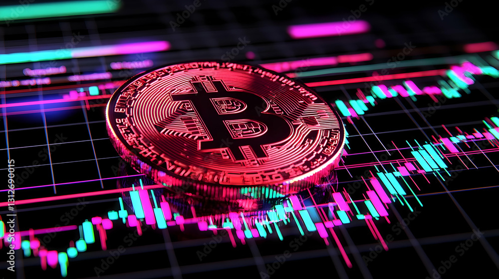 Poster cryptocurrency visualization with bitcoin coin on stock market graph