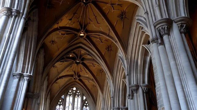 Gray Stone Columns and Brown Vaulted Ceiling in Gothic Cathedral Interior