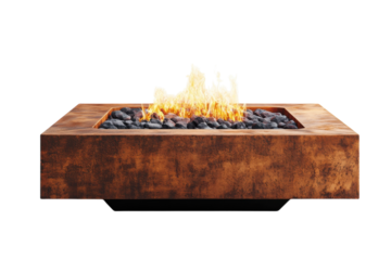 Modern outdoor fire pit designed with a sleek, square shape and vibrant flames rising from textured rocks during twilight