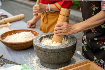 The traditional Japanese process of making mochi: kneading the glutinous rice dough by hand, pounding the mixture with a wooden pestle in a stone mortar. A vibrant, cultural and artisanal food scene