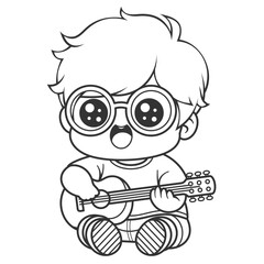 A boy with glasses is sitting and playing the guitar, for coloring