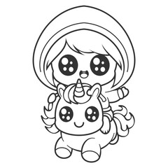 Girl riding unicorn happily, for coloring