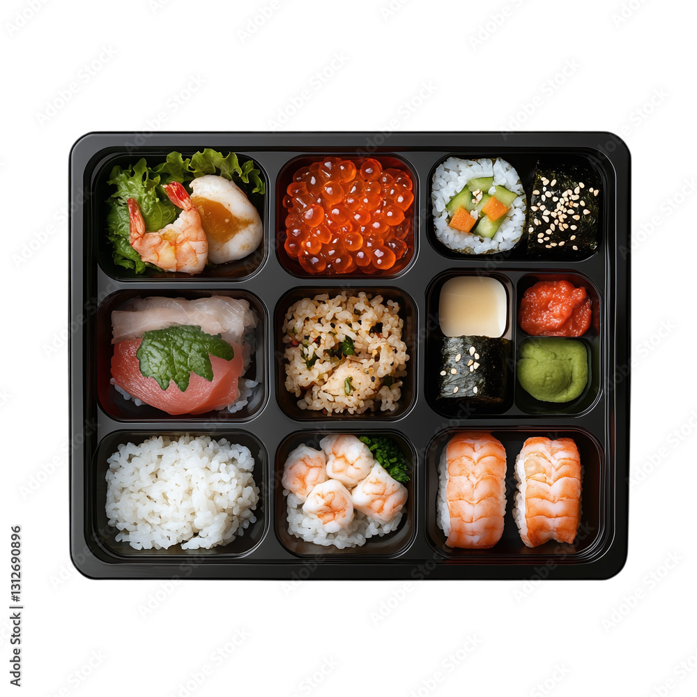 Poster bento box with multiple compartments isolated on transparent background