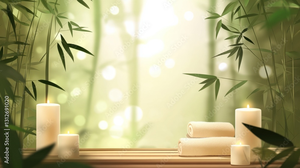 Poster serene bamboo forest setting with candles and towels, creating a tranquil atmosphere for relaxation
