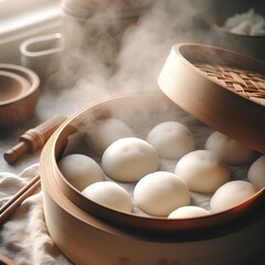 Handmade mochi in a bamboo steamer, warm and fresh, with a light cloud of steam. Natural light, soft textures and the atmosphere of a real Japanese kitchen
