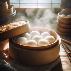 Handmade mochi in a bamboo steamer, warm and fresh, with a light cloud of steam. Natural light, soft textures and the atmosphere of a real Japanese kitchen