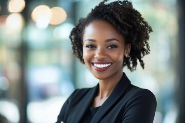 smiling african american businesswoman with blurred background