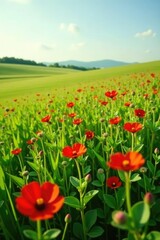 Obraz premium Dotted with bright red wildflowers, a sea of green grass stretches to the horizon, green grass, wildflower field