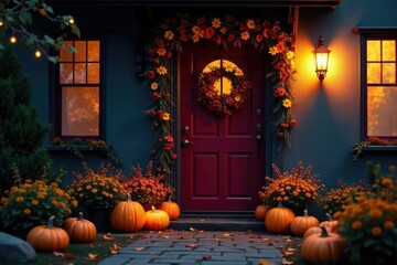 Obraz premium Doorway adorned with seasonal flowers and candles, autumnal, halloween