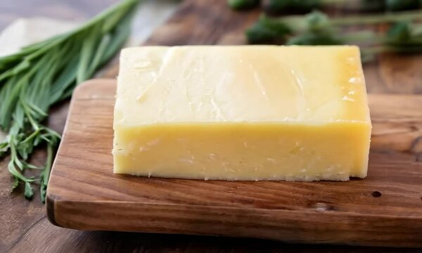 A piece of cheese is placed on a rectangular wooden cutting board, ready to be used as an ingredient in a delicious dish