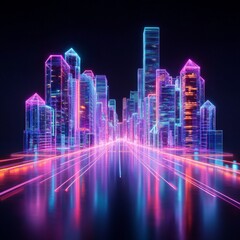 Fototapeta premium A neon-lit city with architecture resembling crystalline structures