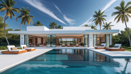A contemporary luxury villa with a pool offers a tranquil tropical escape on a sunny day.
