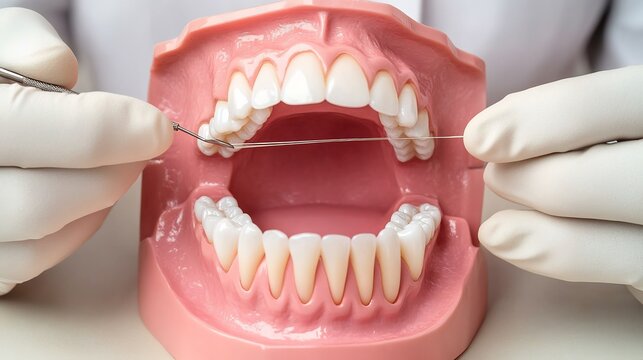 Dentist demonstrating proper flossing technique using a dental model professional educational setup clean background