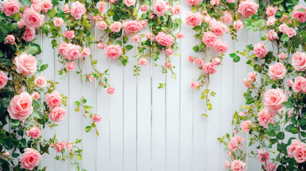 Pink roses on wooden fence with cascading greenery