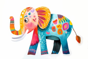 Obraz premium Cheerful cartoon elephant prancing across white background, bringing whimsical charm to kid friendly design and playful graphic projects