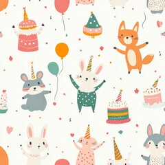 Fototapeta premium Whimsical Party Animals: A joyful scene of charming animal characters, balloons, confetti, and cakes, celebrating against a bright backdrop of merriment. 
