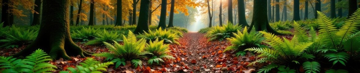 Forest floor with a mix of ferns and deciduous trees in autumn hues, waldweg scenery, fall colors