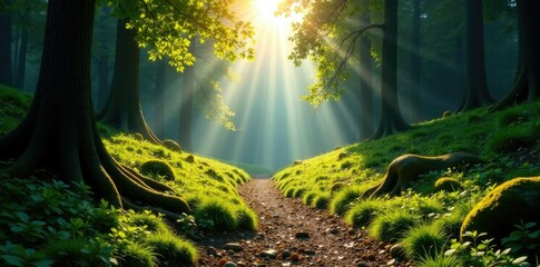Obraz premium Forest floor with sunlight shining through trees, hills, sunlight filtering