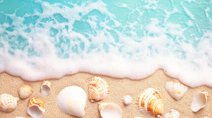 Seashells on sandy beach with gentle waves in a tranquil coastal scene