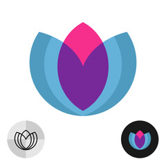 Flower blossom overlay colorful logo. Simple minimalistic design of petal flower symbol with transparent elements. Health life wellness, yoga, spa or cosmetically use suppose.