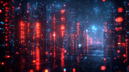 Fototapeta premium Futuristic city street at night, rain, digital lights, background. Stock photo