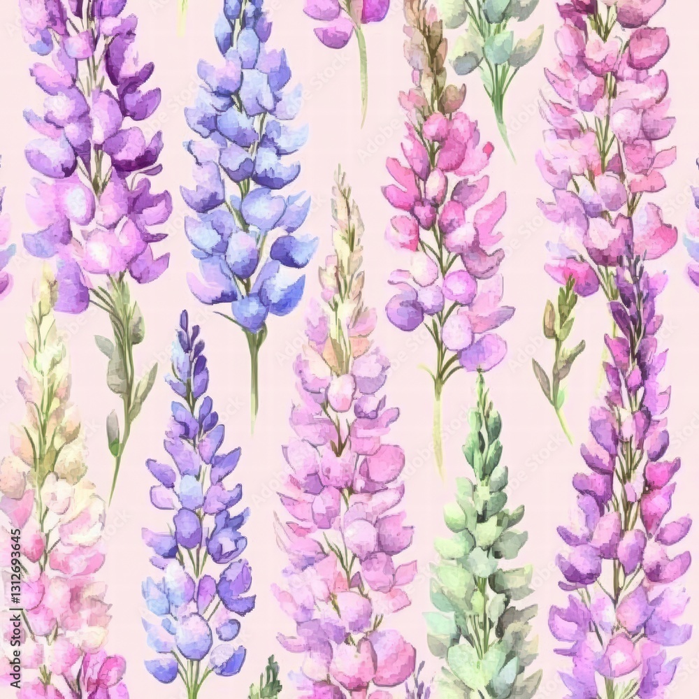 Poster lupine field: delicate, hand-painted lupine blooms form a repeating pattern against a soft backgroun