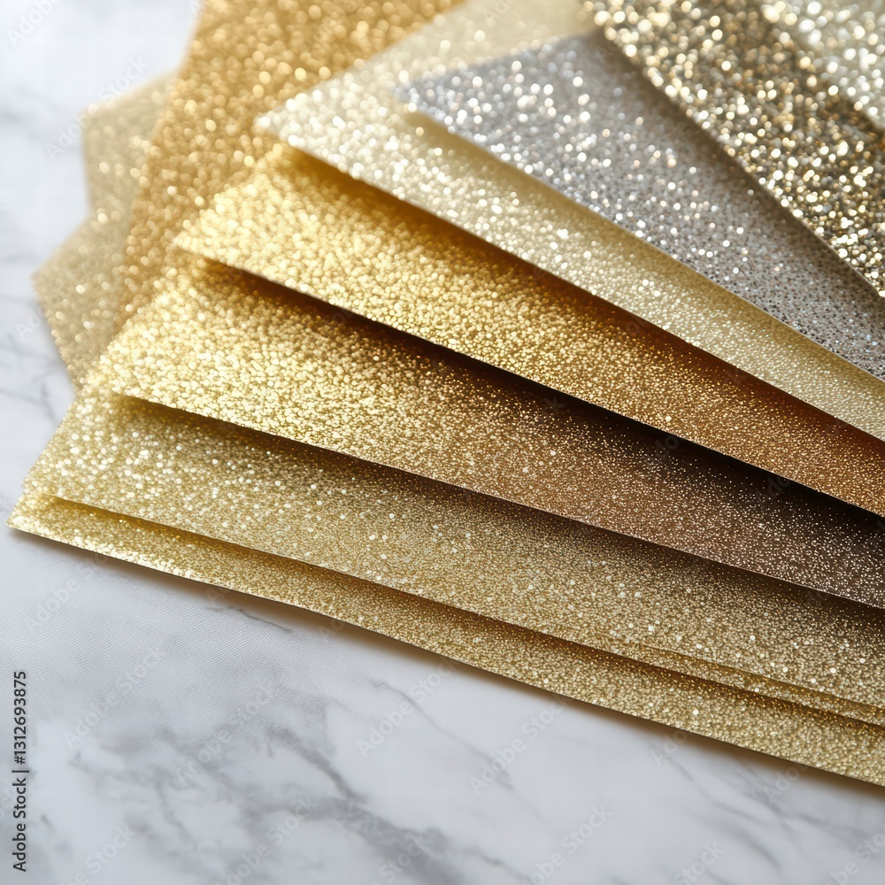 Poster sparkling palette: a collection of textured, glittery papers in a spectrum of shimmering gold and ne