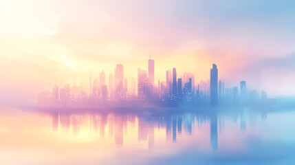 Fototapeta premium Dreamy city skyline at sunset with misty reflections