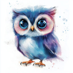 Obraz premium A cute Owl in watercolor style, full body visible, soft blended colors, artistic brush strokes, white background