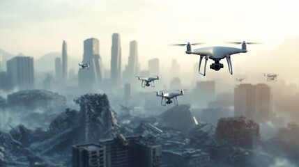 A futuristic warzone city with drones patrolling the wreckage megastructures
