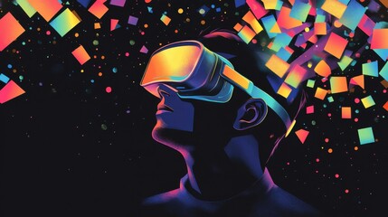 Homme avec casque de réalité virtuelle et formes colorées.