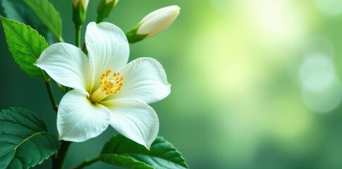 Fototapeta premium Green leaves and stems surrounding a large white flower, flower, botanical