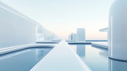 Fototapeta premium A minimalist futuristic city with sleek white architecture and floating platforms