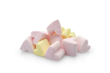 Yellow and pink marshmallow in shape of heart isolated on white background