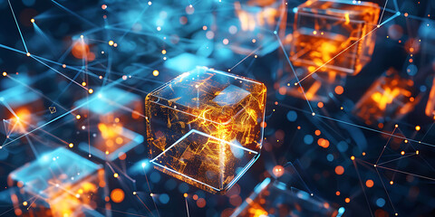 Glowing Orange Cubes Connected by Luminous Lines on a Blue Tech Background
