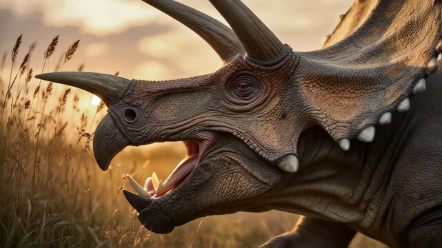 An extinct Triceratops roars. Generative AI content of dinosaurs.