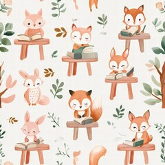 Naklejka premium Whimsical Woodland Readers: An adorable repeating pattern showcasing charming foxes and rabbits engrossed in reading books, set amidst a backdrop of whimsical trees and foliage.