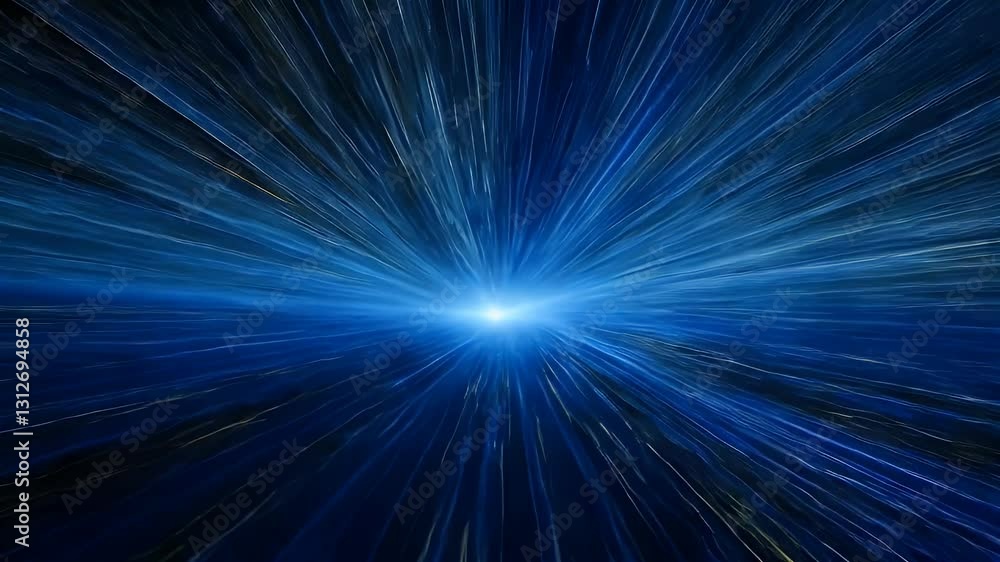 Poster mesmerizing visual of streaking blue lines radiating from central light source against a dark backgr