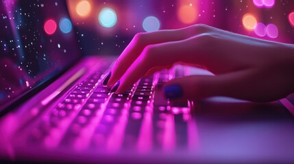Woman Typing on Laptop at Night with Pink Lights