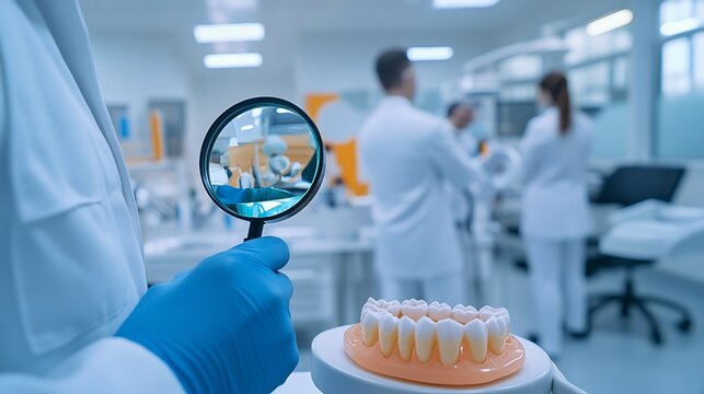 Dentist holding a magnifying tool examining a patients teeth for cavities in a modern clinic with bright lighting and clean equipment