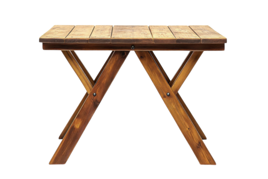 Rustic wooden table with crossed legs ideal for outdoor gatherings and dining in natural settings