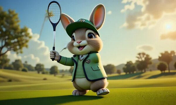 Playful Brown Bunny in Green Outfit Plays Golf and Badminton on Sunny Green Grass Field